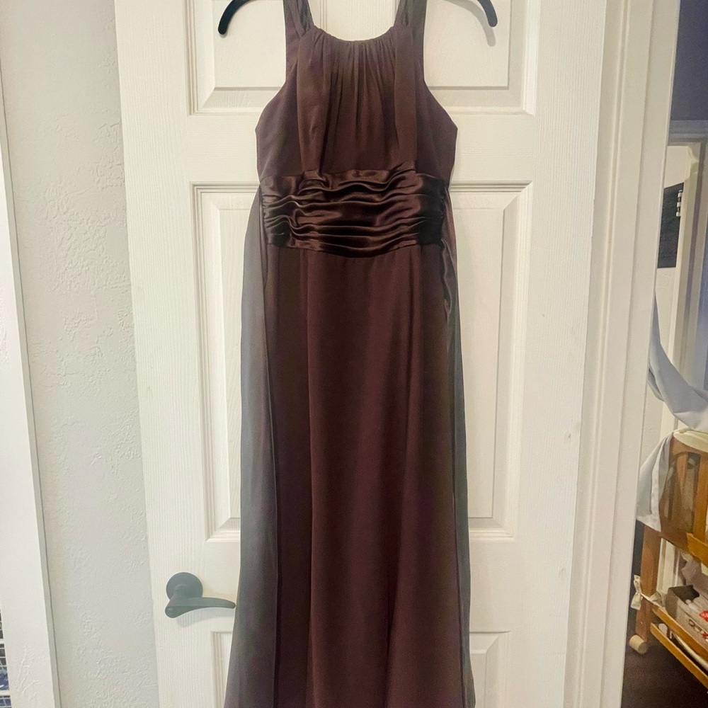 David’s Bridal Elegant Sleeveless Evening Dress in Deep Brown